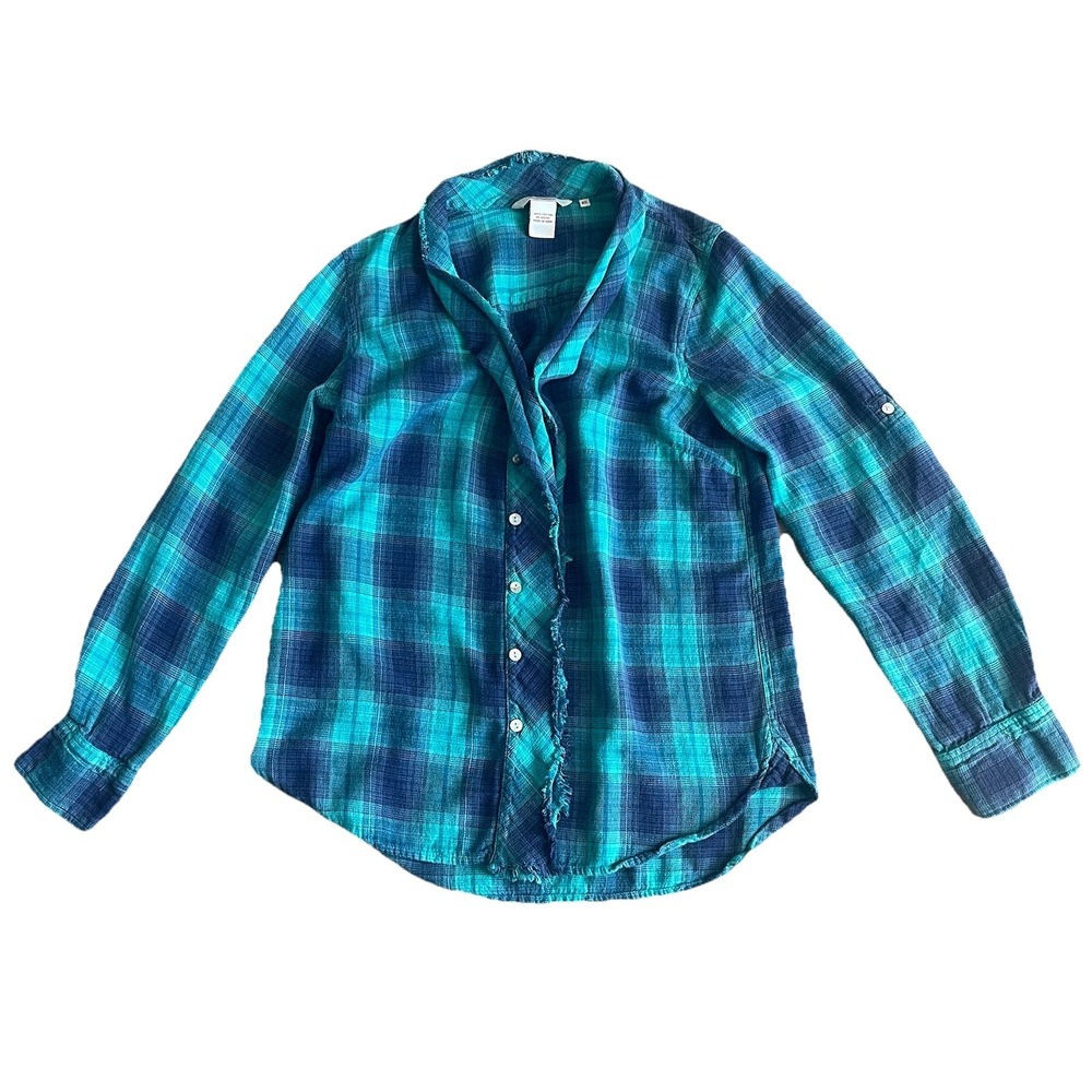 Sundance Plaid Flannel Button Down Shirt XS Ruffle Fringe Long Sleeve Cotton